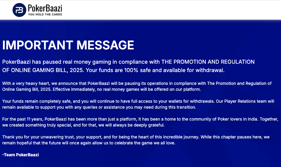 PokerBaazi Pauses Real Money Gaming Operations